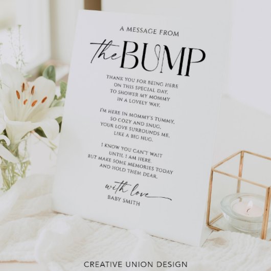 Een bericht van het Bump Baby shower Sign Reclamebord Met Voetstuk