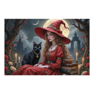 Een betoverend heksenmeisje met zwarte kat foto afdruk