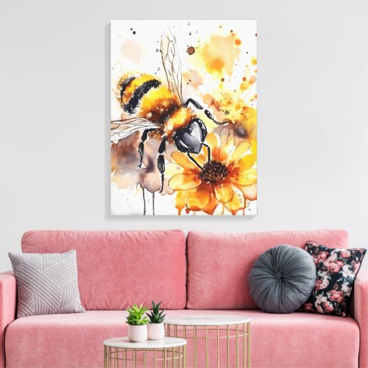 Een bij verzamelt honing op een bloem. canvas afdruk (Insitu (Woonkamer))