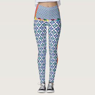 Een blauw en groen patroon met een witte achtergro leggings