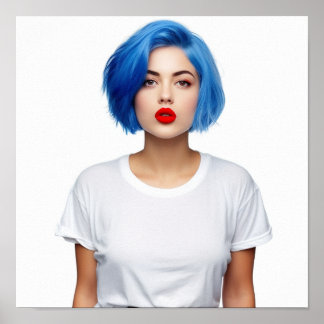 Een blauw haarmodel met Gildan T-shirt Poster
