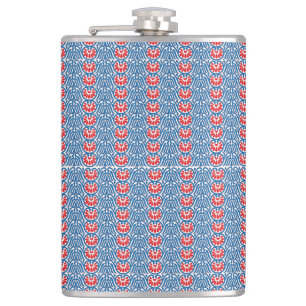 Een blauwe achtergrond met rode en witte design heupfles