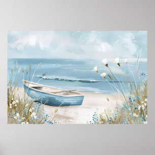 Een blauwe boot op een strand kustlandschap poster