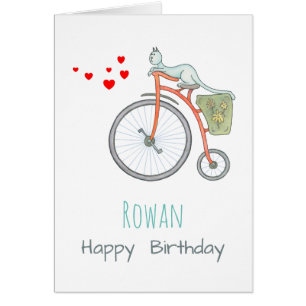 Een blauwe kat op een rode  fiets