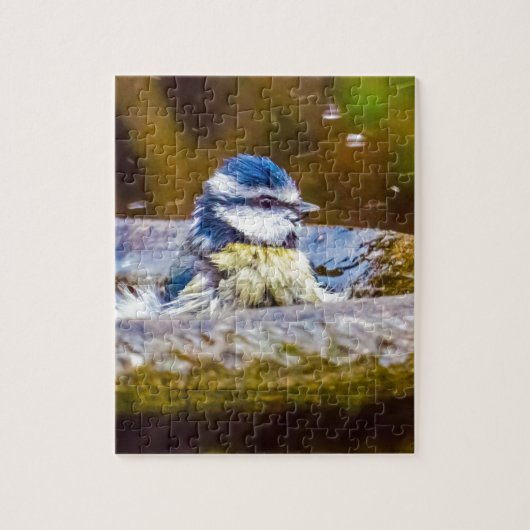 Een blauwe tit in het bad legpuzzel (Verticaal)