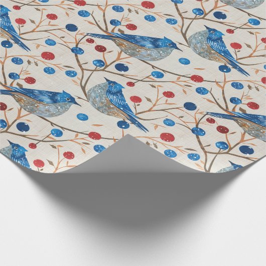 Een blauwe vogel die op een tak zit met rode besse cadeaupapier (Hoek)