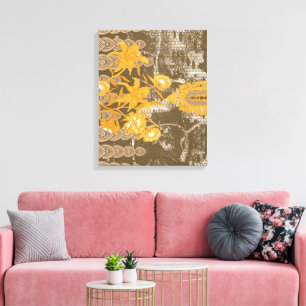 Een bloemen- en bladmotief op een bruine achtergr canvas afdruk