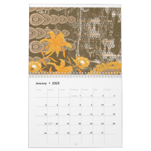 Een bloemen- en bladmotief op een bruine achtergr kalender