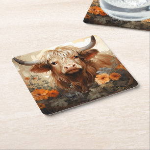 Een bloemige Highland Cow serie ontwerp 2 Vierkante Kartonnen Onderzetter