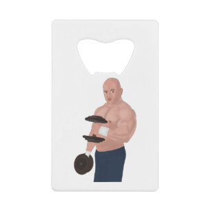 Een bodybuilder die papa traint met dumbbels kredietkaart flessenopener
