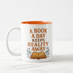 Een boek per dag houdt de realiteit weg - grillig  tweekleurige koffiemok