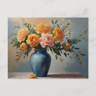 Een boeket bloemen in een blauw vaas briefkaart