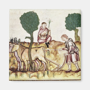 Een boer leert zijn zoon om een veld te ploegen magneet
