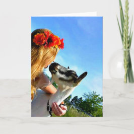 Een Boerderij meisje en haar geit - Blank Wenskaar Kaart