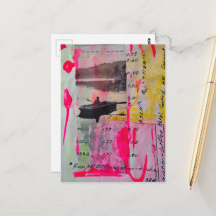 Een boot Mixed media collage Roze Geel Briefkaart