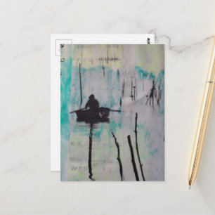 Een boot Mixed media collage Zwart Wit Blauw Briefkaart