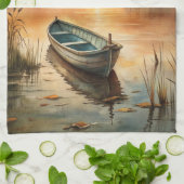 Een boot op het meer theedoek (Gevouwen)