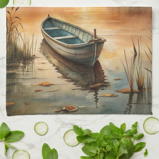 Een boot op het meer theedoek (Gevouwen)