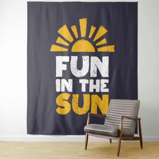Een bord dat plezier op de zon zegt wandkleed (In situ)