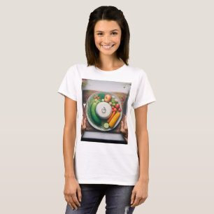 Een bord voedsel met een bord groente t-shirt