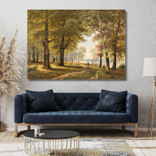 Een bospad met wandelaar in de herfst canvas afdruk