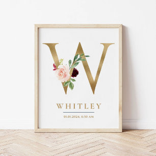 Een brief Monogram Naam Marsala Bloemenkwekerij Poster