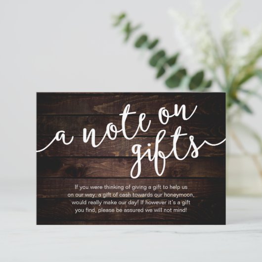 Een briefje over cadeaus, huwelijksreis-fonds cont informatiekaartje (Staand voorkant)