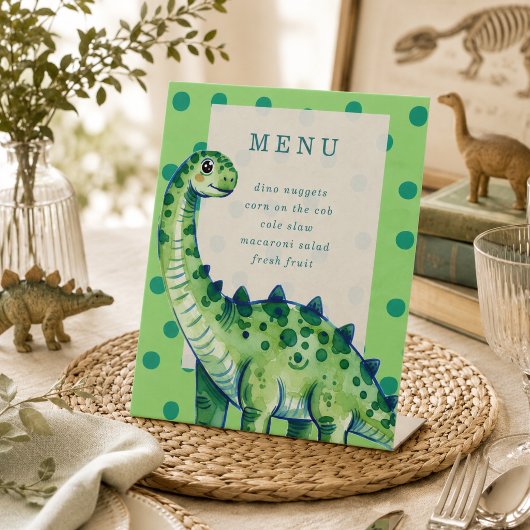 Een Brullende Eerste Verjaardag Dinosaurus Menukaa Reclamebord Met Voetstuk