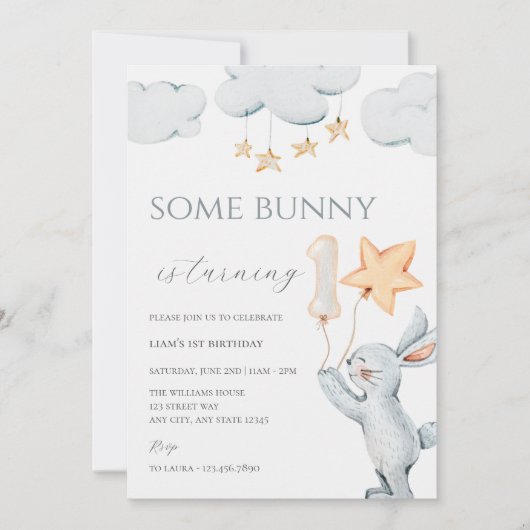 Een Bunny 1st Birthday Party Invitation Kaart (Voorkant)