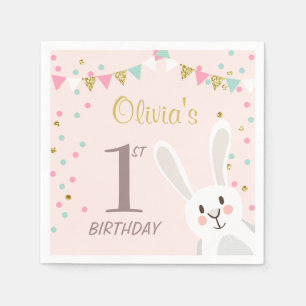 Een Bunny Birthday Paper Napkin Pink Gold Girl Servetten
