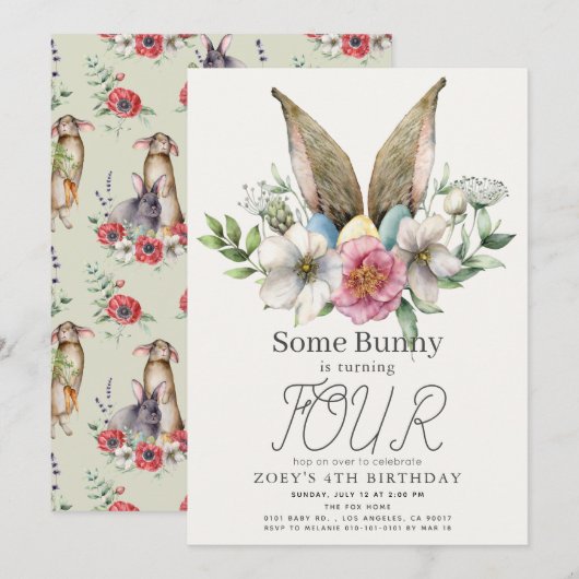 Een Bunny Ear Floral Girl Birthday-uitnodiging Kaart (Voorkant / Achterkant)