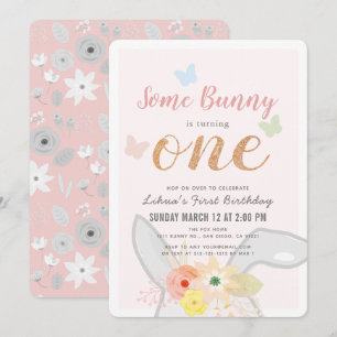 Een Bunny Girl Pink Grey Floral 1 september Kaart