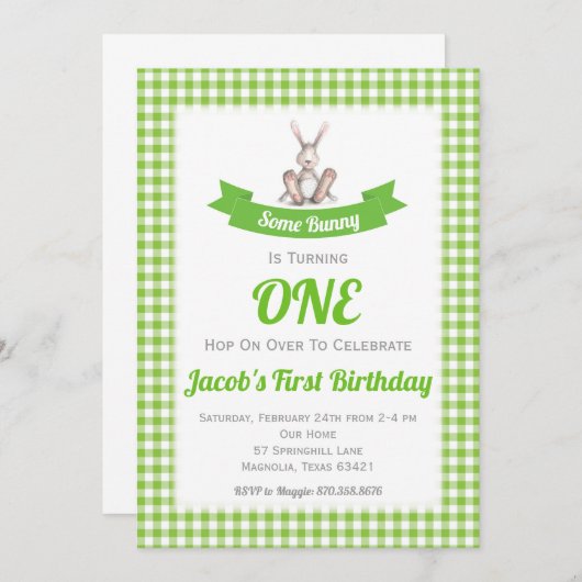Een Bunny Green Gingham verjaardagsuitnodiging Kaart (Voorkant / Achterkant)