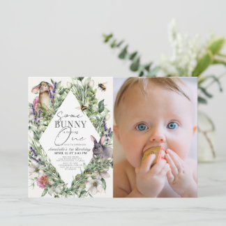 Een Bunny Greenery Rhombus 1st Birthday Foto Kaart