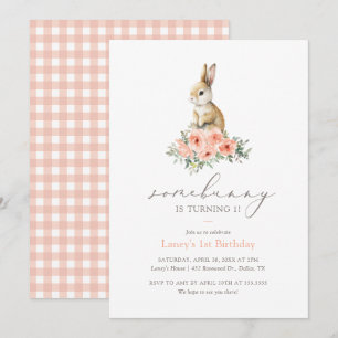 Een Bunny Pink Floral Girl Birthday Party Kaart