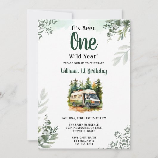 Een Camper Mountain Forest 1e verjaardag Kaart (Voorkant)