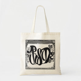 Een canvas tas met zwarte lettertypen erop