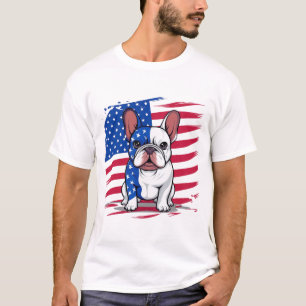 Een cartoon Franse bulldog met Amerikaanse vlag T-shirt