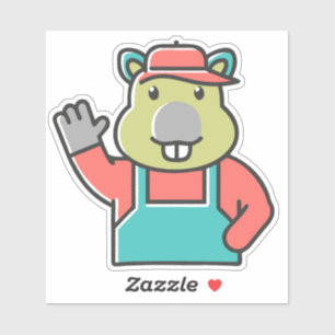 Een cartoon grappige rode bever zwaait met linkerh sticker