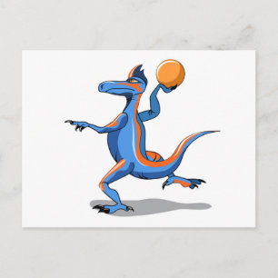 Een Cartoon Iguanodon die basketbal speelt. Briefkaart
