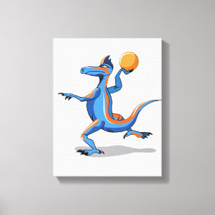 Een Cartoon Iguanodon die basketbal speelt. Canvas Afdruk