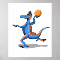 Een Cartoon Iguanodon die basketbal speelt.