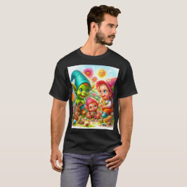Een cartoon met een pet en een kind t-shirt