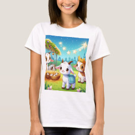 Een cartoon van een boerderij scene met drie t-shirt