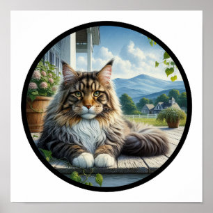 Een cirkelvormig 3D-beeld van een mooie Maine Coon Poster