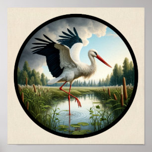Een cirkelvormig 3D-beeld van een mooie ooievaar Poster