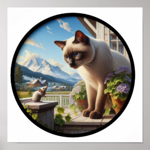 Een cirkelvormig 3D-beeld van een mooie Siamese ka Poster
