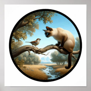 Een cirkelvormig 3D-beeld van een mooie Siamese ka Poster