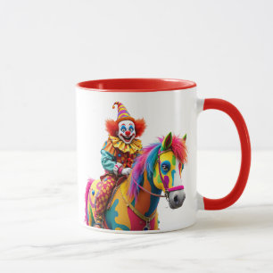 Een clown brengt een regenboogpaard. mok