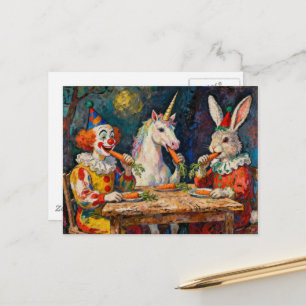 Een clown, een eenhoorn en een konijn die wortels briefkaart